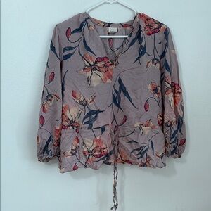 A New Day Gray and Tan 3/4 Sleeve Tie Front Blouse